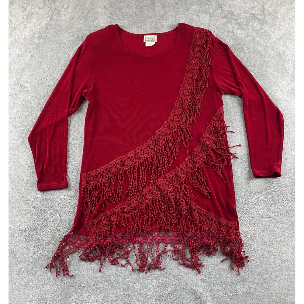 Tanuja Red Long Sleeve Fringe Lace Trim Boho Western Top Medium